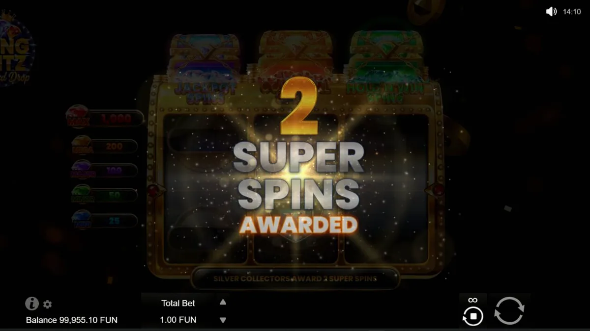 Interface luxuosa do slot Bling Blitz Diamond Drop com diamantes e moedas douradas